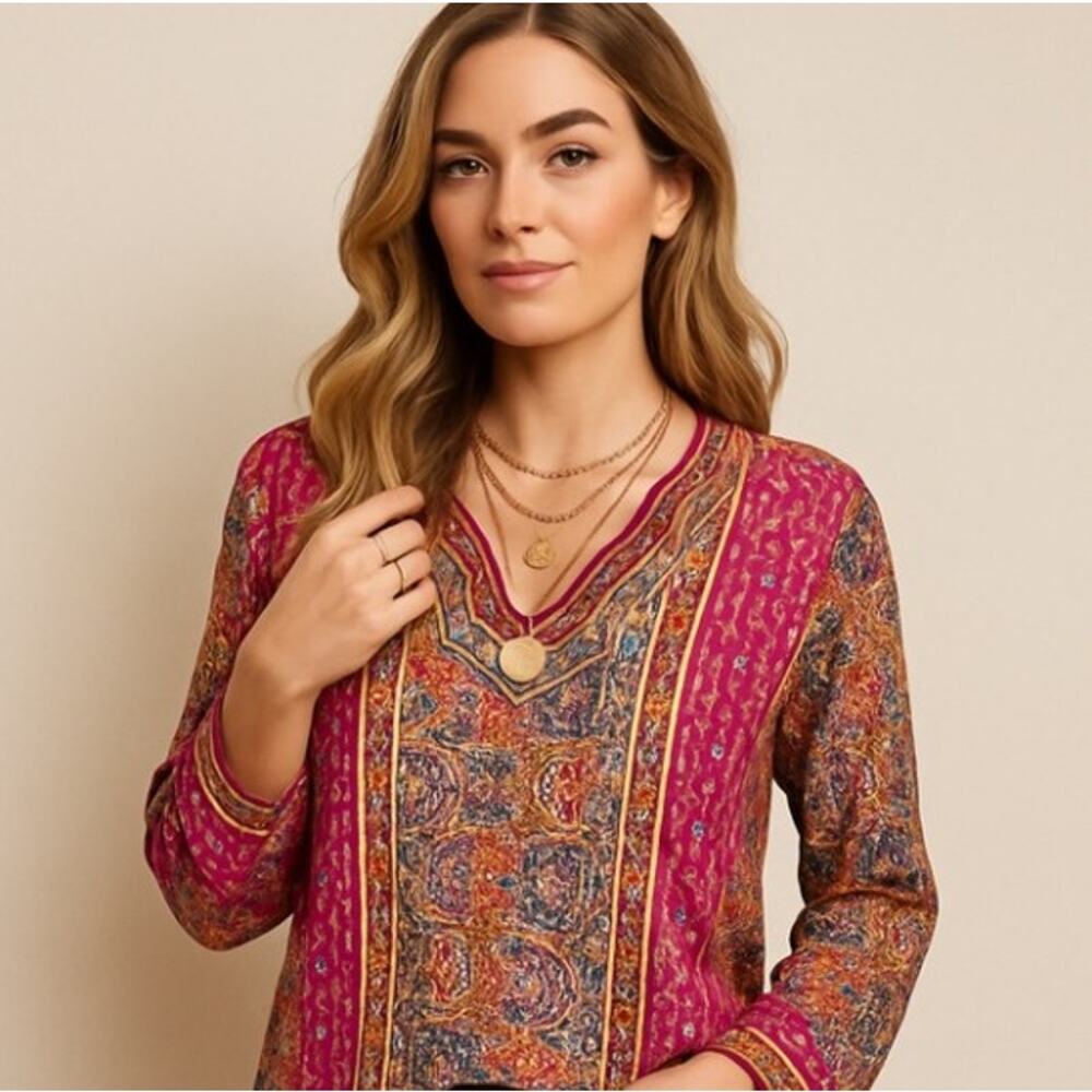 TOLANI 100% Silk Peasant Boho Blouse Shirt Top Size Medium Pink Floral Fall